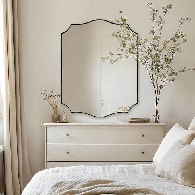 ANDY STAR Brushed Nickel Bathroom Mirror, 28x36 Inch Asymmetrical Wall Mirror, Modern Rectangle Mirror with Unique Wavy Design Ideal for Home Decor, Premium Stainless Steel Metal