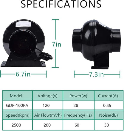 Ventilation Kit, 4 Inch Inline Fan 200 CFM Exhaust Blower, 4 Inch Carbon Fiber - Image 2
