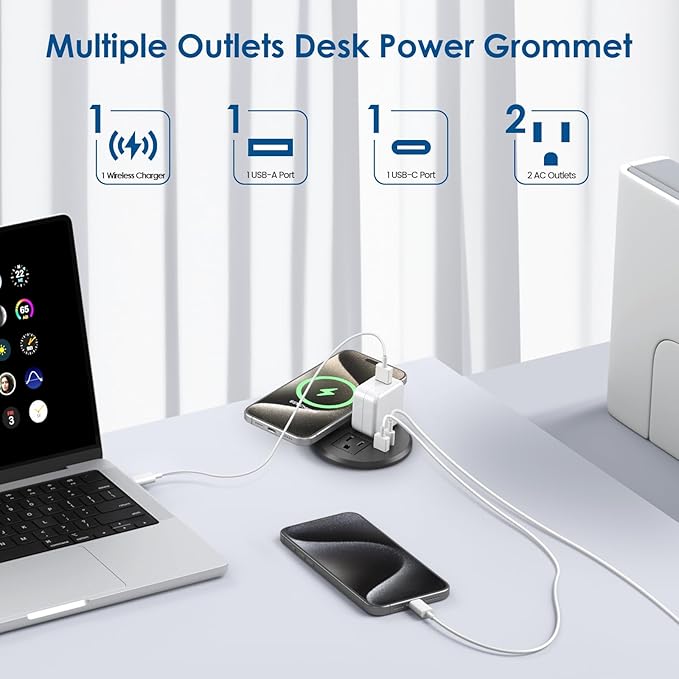 Desktop Power Grommet 3-inch Hole,15W Wireless Charger,20W USB C Fast Charging Station,2 AC Plug,Round Recessed Power Strip, Workspace Essential Desk Hole Cover for Cables Black
