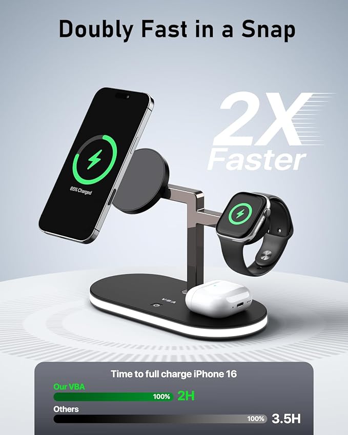 VBA 4 in 1 Wireless Charging Station for Apple MagSafe Charger,Fast Charging Magnetic Wireless Charger Stand with Night Light for iPhone 17 Air 16 15 14 13 12 Series,Apple Watch,AirPods Pro (Black)