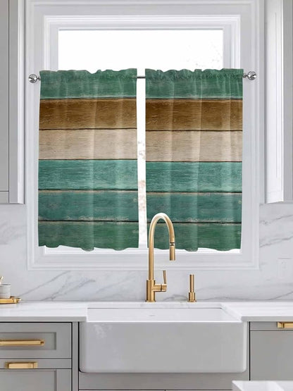 Vintage Plank Turquoise Brown Window Valance Curtains, Farmhouse Wood Grain - Image 3