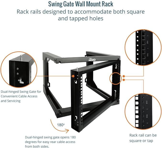 Tecmojo 6U Wall Mount Server Rack, Open Frame Network Rack for 19" Computer/AV/Data/IT/Media Equipment, 18" Depth, 16" Apart Mounting Holes, Swing Gate, Square and Tapped Holes