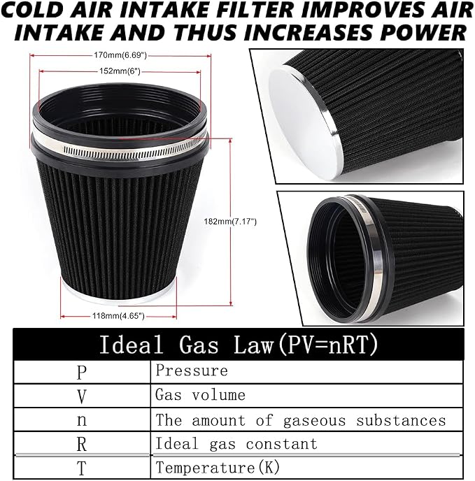 6" Inlet Cold Air Intake Filter Cone Replacement Performance Washable Clamp-On - Image 5