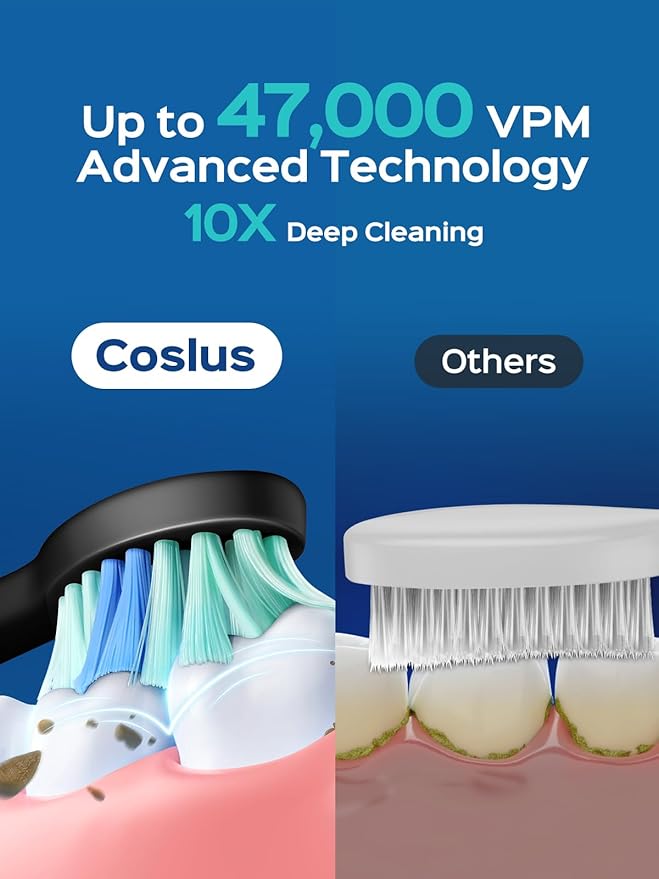 COSLUS Sonic Electric Toothbrush for Adults: 47000 VPM for Deep Cleaning & Whitening with Travel Case - 5 Modes for Sensitive Teeth & Braces, Wireless Charging, 6 Brush Heads, Black & Green (2PCS)