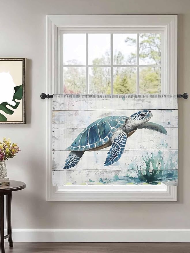 Sheer Curtains 54 Inch Length, Teal Green Sea Turtle Semi Sheer Curtains Light - Image 2