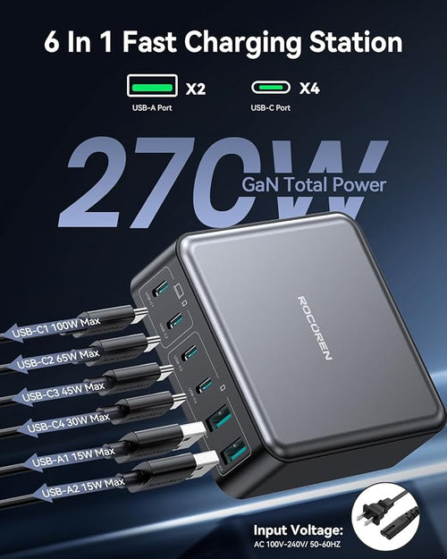 270W USB C Charger Block, Rocoren 6 Port Multi USB-C Charging Station,100W PD Fast USBC Gan Charger Station Hub Dock for Multiple Devices, Laptop Type C for MacBook/iPhone 17/iPad/Galaxy S25 (Black)