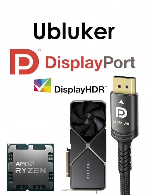 Ubluker 10K 8K DisplayPort 2.1 Cable 54Gbps 5 FT, Certified DP to DP Cord 4K 240Hz 165Hz 144Hz 120Hz 10K 8K 120Hz Nylon Braided UHBR HDCP2.3 FreeSync G-Sync RTX5090 Gaming Monitor PC Projector