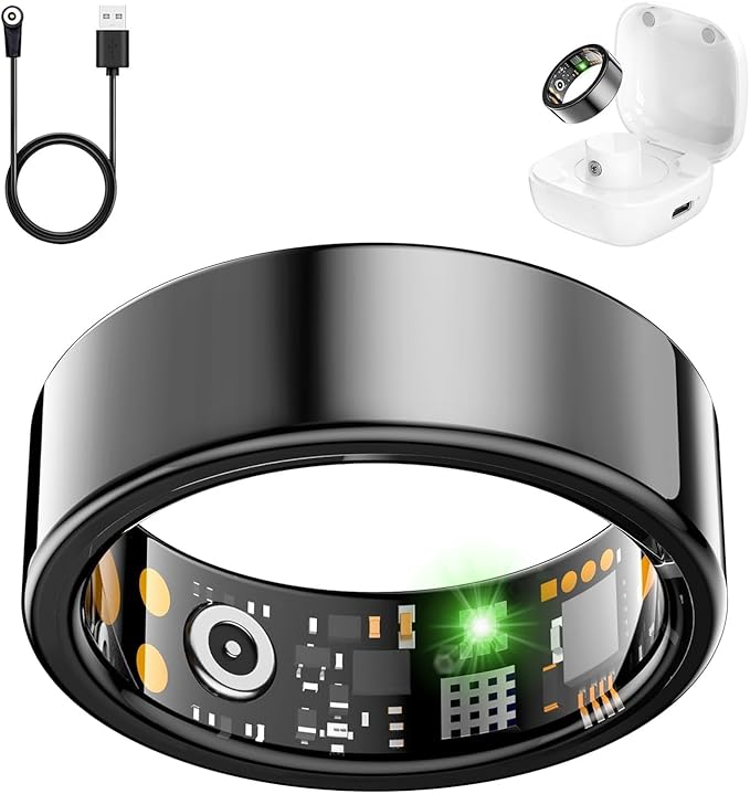 Smart Health Ring for Women Men, Fitness Tracker Ring with Heart Rate, Blood Oxygen, Sleep Tracker, Step Tracker, No Subscription Fee, IP68 Waterproof Smart Ring for iphone & Android (Black, 12#)
