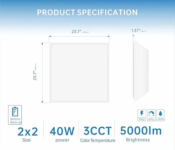 2X2 LED Flat Panel Light Emergency Battery Backup, 40W-3000K/4000K/5000K, 0-10V Dimmable, 4390 Lumens, LED Drop Ceiling Light, 100-277V, DLC and UL Listed, Ultra Thin Back-Lit (6 Pack)