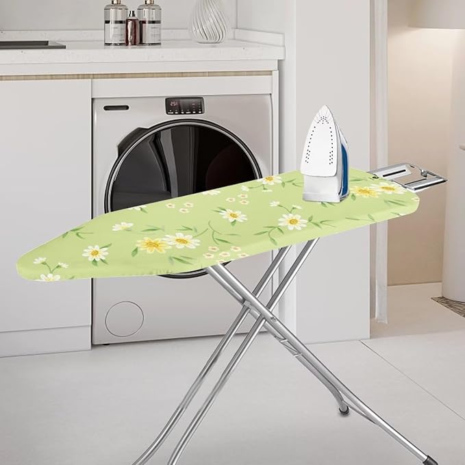 ZCFYGDX Fresh White Daisy Print Ironing Board Cover, Resist Scorching & Staining, Easy to Install Resistant Elastic Edges, 3 Nylon Buckle Straps Fasteners, Protective Scorch Cloth Covers Size-M