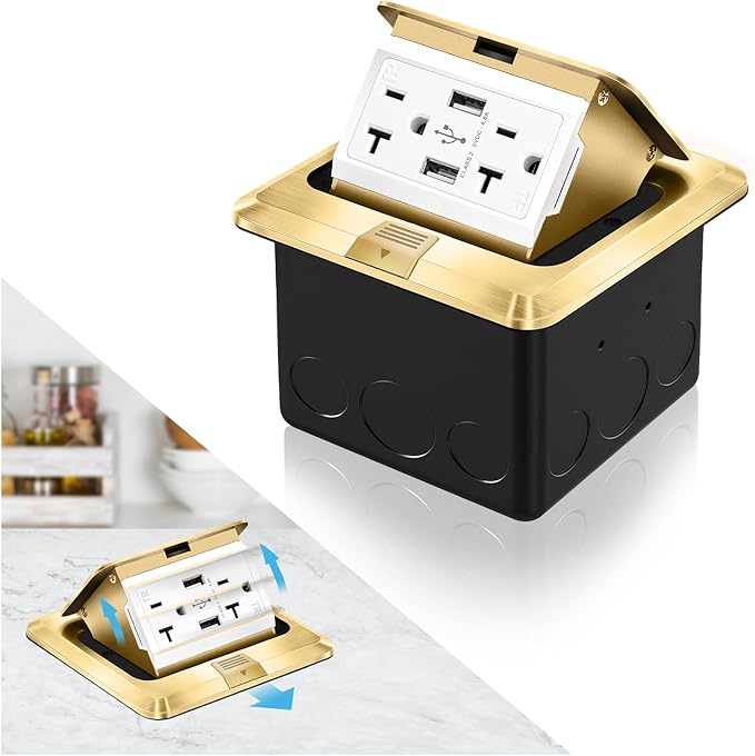 Vagueior Pop Up Floor Electrical Outlet Stainless Steel Box Kit, 5V/4.8A USB Outlet, 20A Tamper-Resistant Receptacle Outlet, Waterproof Power Socket, ETL Certified，Gold（1Pack
