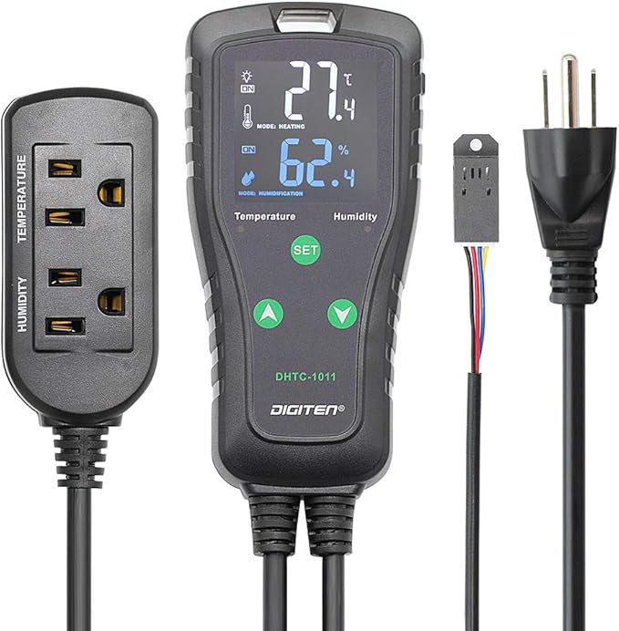 DIGITEN DHTC-1011 Temperature and Humidity Controller Outlet Plug in Thermostat Humidistat Reptile Humidity Controller Greenhouse Thermostat Heating Cooling Humidifier Dehumidifier
