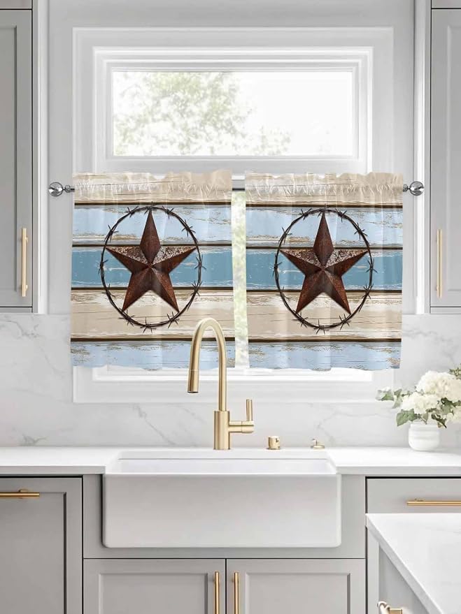 Vintage Western Star on Wood Grain Window Valance Curtains, Retro Wooden - Image 2