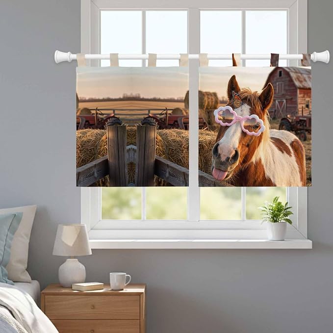 Farm Horses Kitchen Curtains 24 Inch Length, Small Window Curtains Tab Top - Image 9