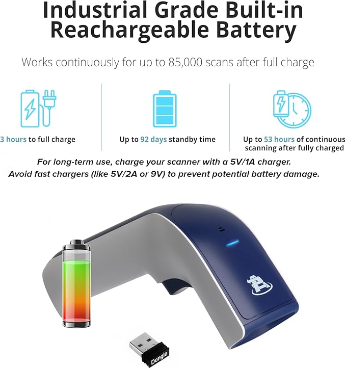 ScanAvenger Wireless Portable 1D Bluetooth Barcode Scanner: Hand Scanner 3-in-1, Cordless, Rechargeable Scan Gun for Inventory - USB Barcode Reader (1D Only No QR with No Next Gen Stand)