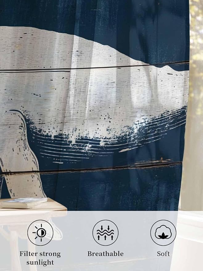 Sheer Curtains 96 Inches Long, Ocean Whale Blue Semi Sheer Curtains Light - Image 6