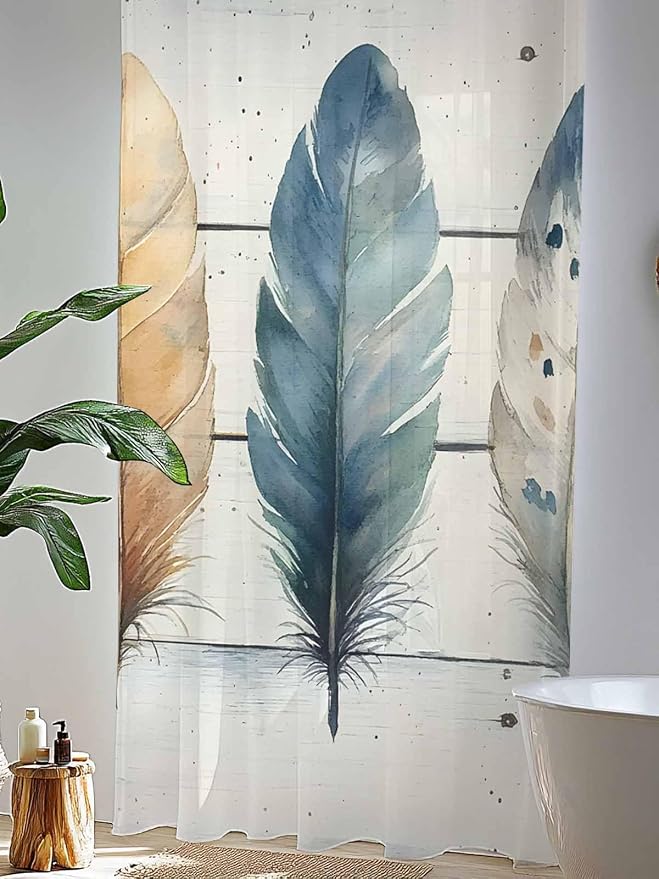 Sheer Curtains 84 Inches Long, Boho Blue Feathers Semi Sheer Curtains Light - Image 4