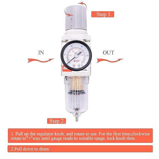 RIH 1/4" NPT Compressed Air Filter Regulator Combo Piggyback, 5 Micron Brass - Image 5