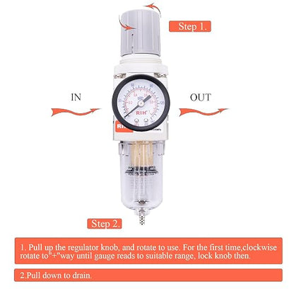 RIH 1/4" NPT Compressed Air Filter Regulator Combo Piggyback, 5 Micron Brass - Image 5