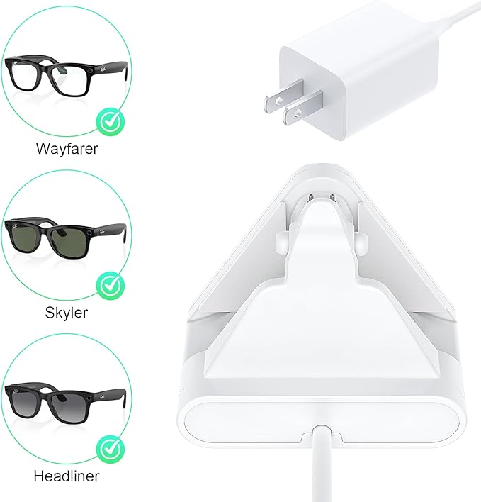 Charging Stand Dock Compatible with Ray-Ban Meta Smart Glasses - Glasses Charger for Wayfarer, Headliner, Skyler, Renewed, Oakley Meta HSTN, Portable Smart Glasses Charger Dock with Adapter (White)