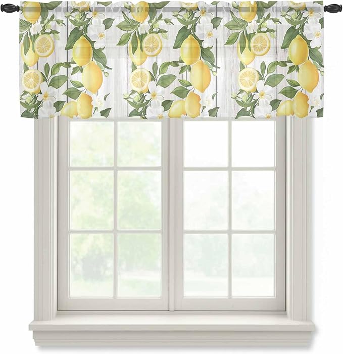 Spring Summer Lemon Sheer Valance Curtains, Leaf Flower White Wood Grain Light by Houseown