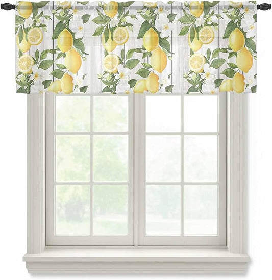 Spring Summer Lemon Sheer Valance Curtains, Leaf Flower White Wood Grain Light by Houseown
