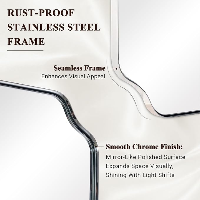 ANDY STAR Chrome Bathroom Mirror, 24x36 Inch Polished Chrome Rectangle Mirror, Scalloped Bathroom Mirror with Stainless Steel Metal Frame, Thin Frame Deep 1’’