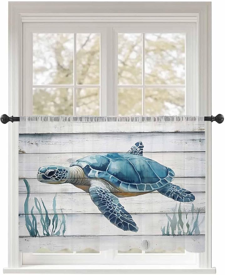 Sheer Curtains 45 Inch Length, Sea Turtle Blue Semi Sheer Curtains Light by Unknown