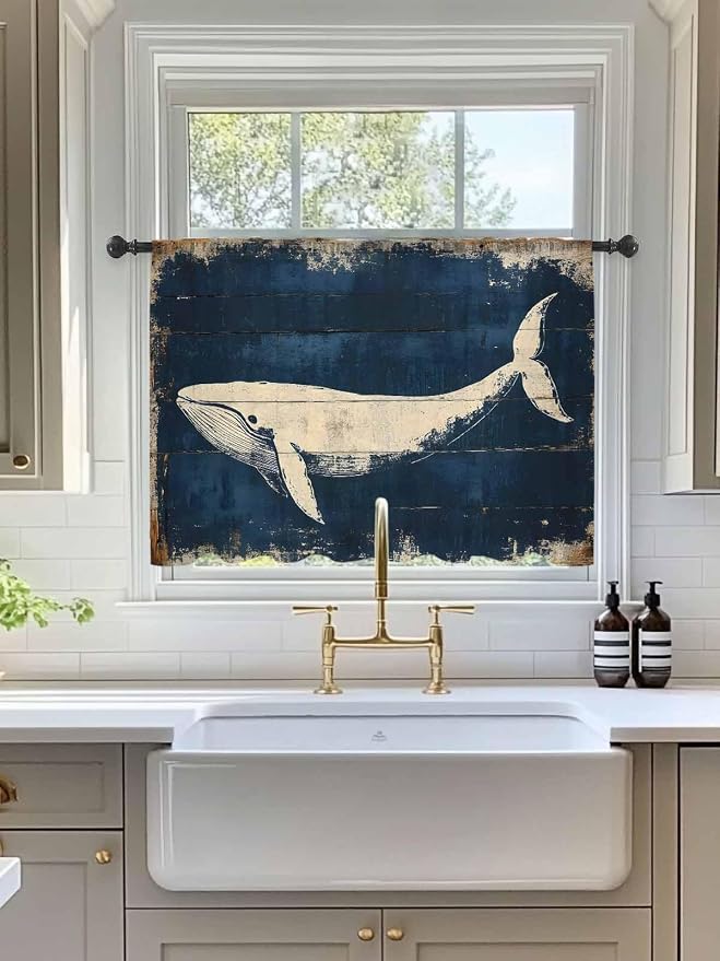 Sheer Curtains 45 Inch Length, Ocean Whale Blue Semi Sheer Curtains Light - Image 3