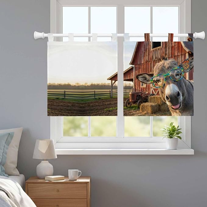 Farm Donkeys Kitchen Curtains 24 Inch Length, Small Window Curtains Tab Top - Image 9