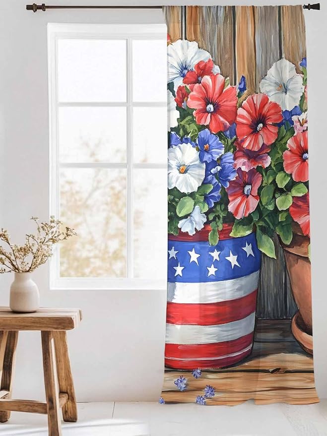 Sheer Curtains 84 Inches Long, Retro Independence Day Flag Wood Grain Privacy - Image 3