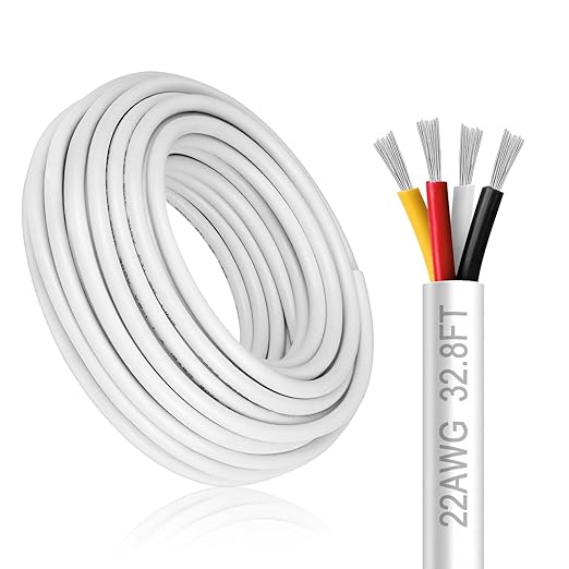 22 Gauge 4 Conductor Electrical Wire, 32.8FT White Stranded Low Voltage 22/4 Cable PVC Case, 22 AWG Tinned Copper 4 Wire Extension Power Cable for LED Lamp Lighting, Automotive