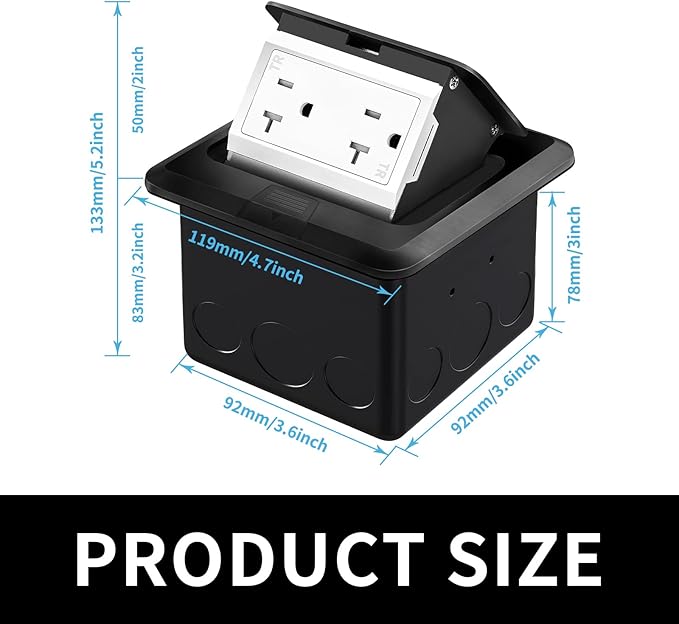Vagueior Recessed Floor Electrical Outlet Kit,Waterproof Electrical Outlet Covcer Box,Hidden 20A Tamper-Resistant Receptacle Outlet,with Slow Elastic Damping，ETL Certified,Black(1 Pack)
