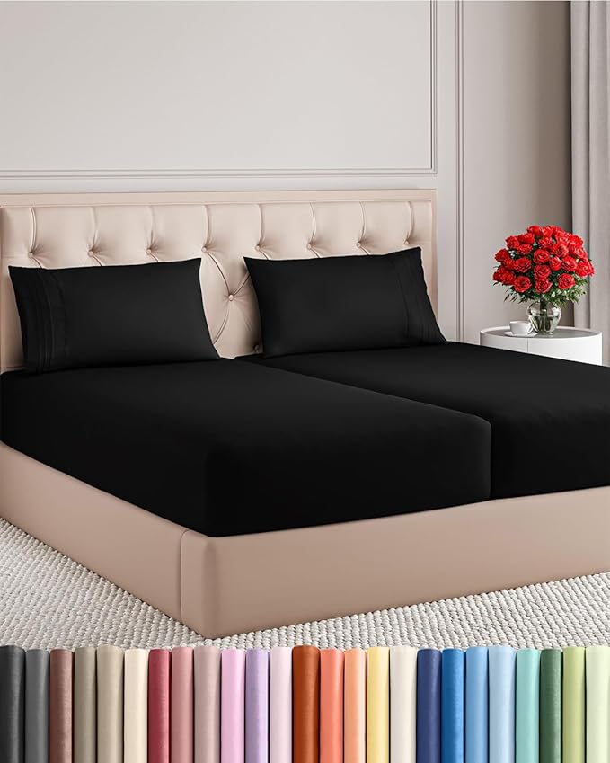 Split King Size 5 Piece Sheet Set - Comfy Breathable & Cooling Bed Sheets Set - Hotel Luxury Bedding for Women, Men, Kids, Teens, Boys & Girls - Deep Pockets, Soft and Wrinkle Free - Oeko-Tex - Black