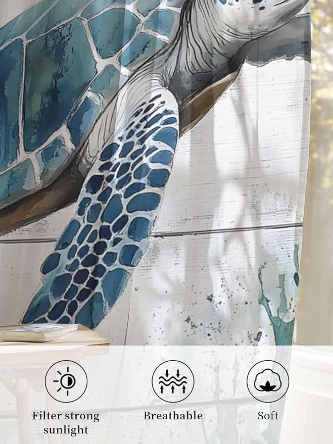 Sheer Curtains 84 Inches Long, Teal Green Sea Turtle Semi Sheer Curtains Light - Image 6