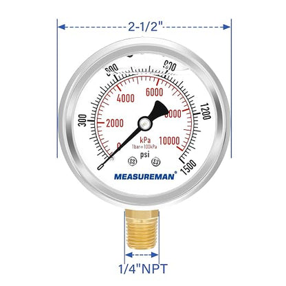 MEASUREMAN 2-1/2" Dial Size, Glycerin Filled Pressure Gauge, 0-1500psi/kpa - Image 7