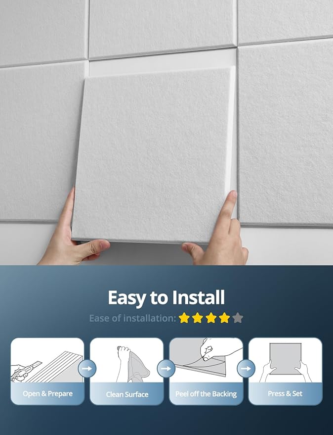 Square Acoustic Wall Panels, Sound Absorbing Panels for Walls, Ceiling, Doors, 18 Pack 12"x12"x0.4" Self Adhesive Decorative White Acoustic Tiles for Recording Studio, Office, Room, Home