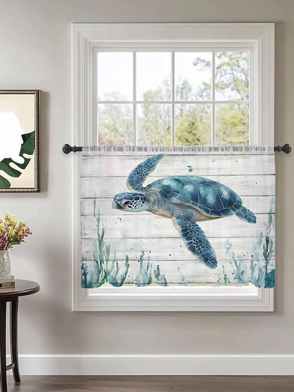 Sheer Curtains 54 Inch Length, Teal Green Ocean Turtle Semi Sheer Curtains - Image 2