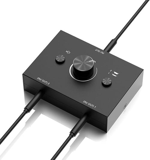 3.5mm Audio Switcher - 2 Input 1 Output / 1 Input 2 Output Audio Splitter, One-Key Mute Button, No External Power Required