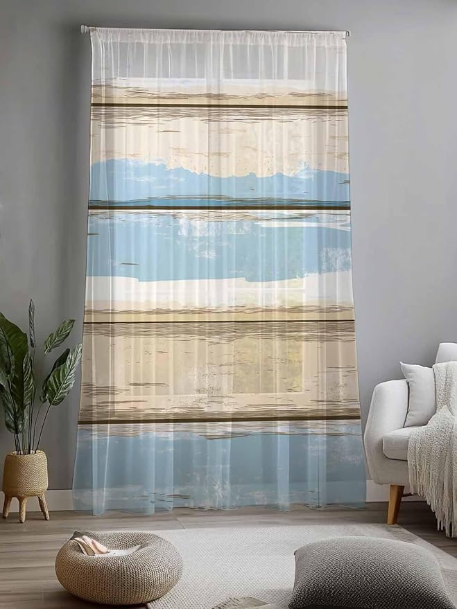 Sheer Curtains 96 Inches Long, Vintage Geometric Blue Semi Sheer Curtains Light - Image 2