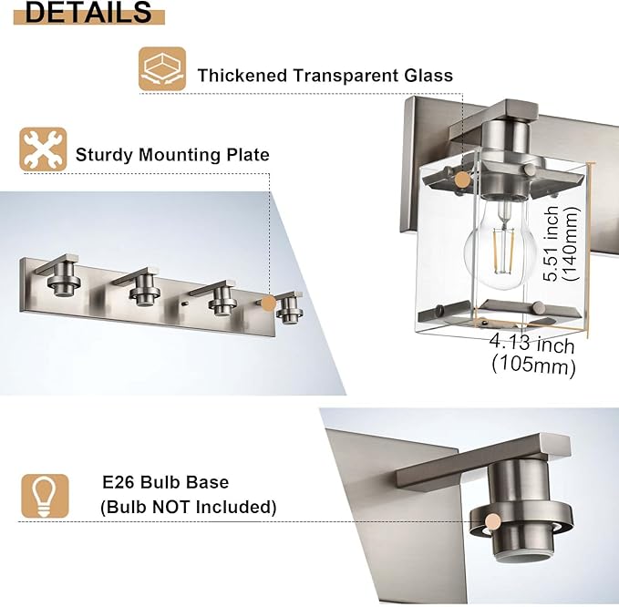 WINSHEN 2-Lights Wall Sconce Lighting E26 Bulb Base, Modern Brushed Nickel Bathroom Vanity Light for Over Mirror Bedroom Cabinet, Wall Light Fixtures with Clear Glass Shades
