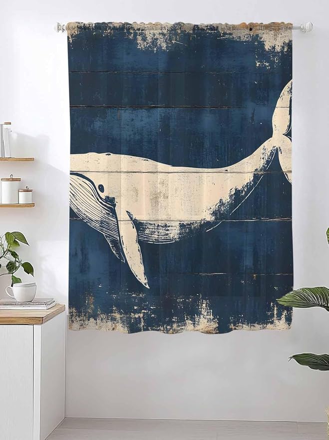 Sheer Curtains 63 Inch Length, Ocean Whale Blue Semi Sheer Curtains Light - Image 2
