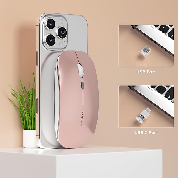 Uciefy Q5 Slim Rechargeable Wireless Mouse, 2.4G Portable Optical Silent Ultra Thin Wireless Computer Mouse with USB Receiver and Type C Adapter, Compatible with PC, Laptop, Desktop (Rose Gold)