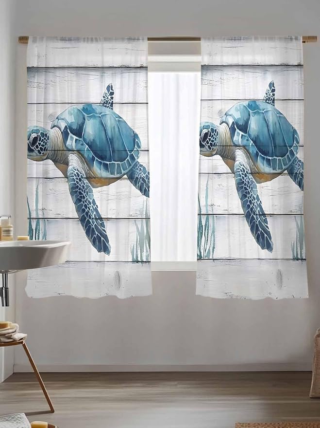 Sheer Curtains 72 Inches Long, Sea Turtle Blue Semi Sheer Curtains Light - Image 5