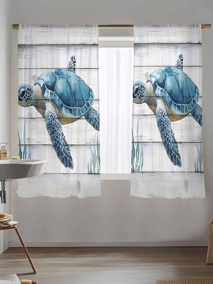 Sheer Curtains 63 Inch Length, Sea Turtle Blue Semi Sheer Curtains Light - Image 5