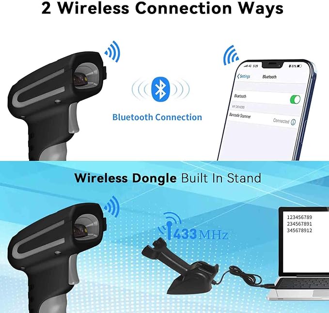 Alacrity Upgraded 1D Laser Industrial Barcode Scanner with Wireless Charging Stand, Bluetooth & 1968 Feet Transmission Distance 433Mhz Wireless 2in1 Barcode Reader, Shock Dust Proof Hands Free, Grey