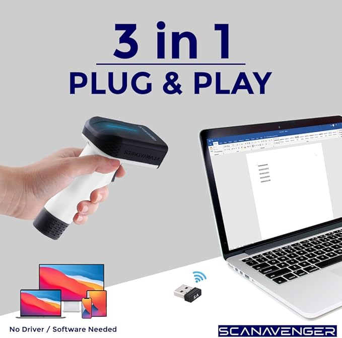 ScanAvenger Wireless Portable 1D&2D with Stand Bluetooth Barcode Scanner: Hand Scanner 3-in-1, Cordless, Rechargeable Scan Gun for Inventory - USB Bar Code/QR Reader (1D&2D Upgraded Next Gen Stand)