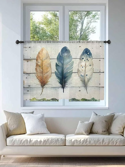 Sheer Curtains 45 Inch Length, Boho Blue Feathers Semi Sheer Curtains Light - Image 4