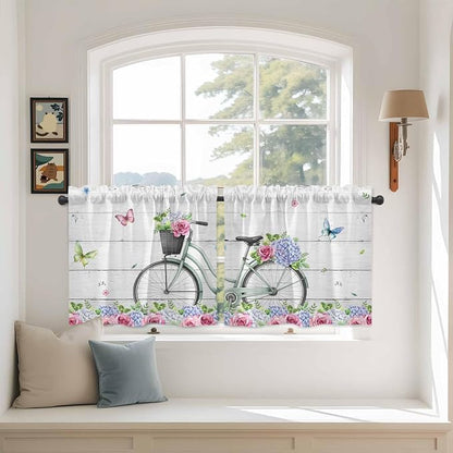 Spring Tier Curtains, Bicycles Botanical Rose Leaves Butterfly Wood Grain Light - Image 3