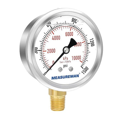 MEASUREMAN 2-1/2" Dial Size, Glycerin Filled Pressure Gauge, 0-1500psi/kpa - Image 2
